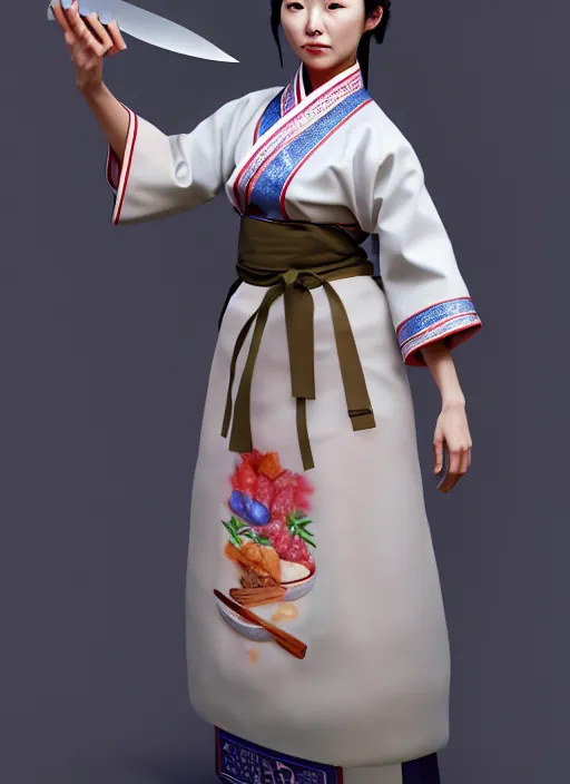 Prompt: character concept of a south korean female chef, wearing a beautiful hanbok inspired apron, holding magical kitchen knives, by kan liu and loish, 4 k render, unreal engine, high resolution, intricate detailed, hyperdetailed, photorealistic, artstation, smooth, sharp focus