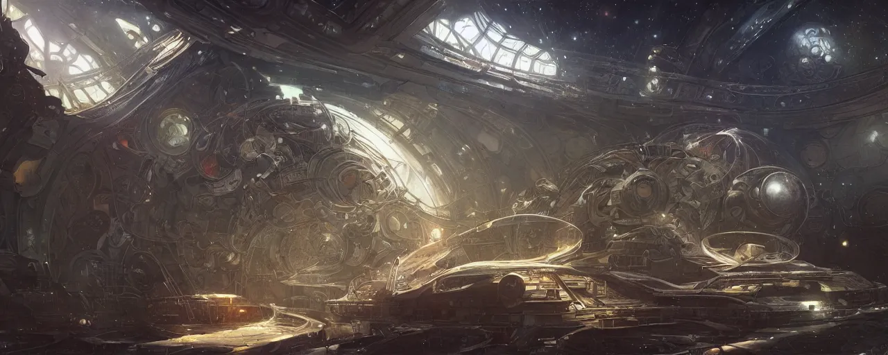 Image similar to A outside view of abandoned space station in the deep space, fantasy, intricate, elegant, highly detailed, digital painting, artstation, concept art, smooth, sharp focus, illustration, art by artgerm and greg rutkowski and alphonse mucha