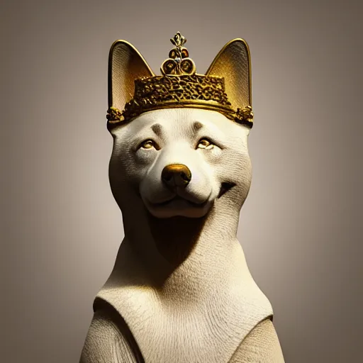 Prompt: side portrait of a shiba inu in the form of a greek sculpture in marble, with a gold crown, baroque elements in the background, museum. intricate artwork by miguel angel. photorealistic. ultra detailed. flash. octane render. cinematic. 4 k. bokeh.