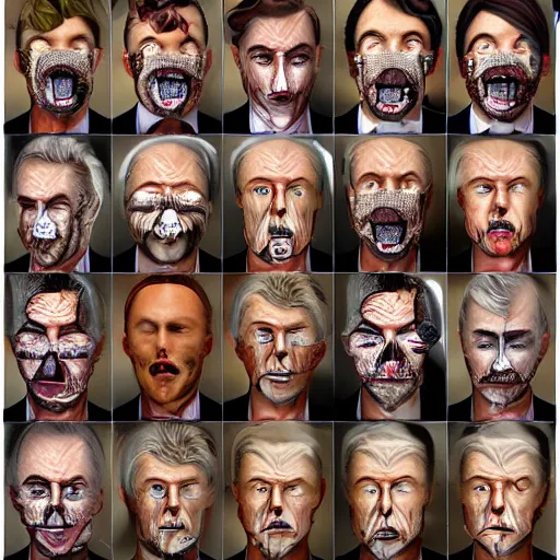 Prompt: man choosing which face to put on for the day, bizarre, hyper detailed, weird, digital art, 8k,
