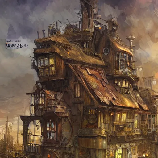 Prompt: Ultra-realistic illustration, high fantasy steampunk house built of junk, several floors hanging over each other, disorganized architecture, inherent details, impressionism sketch, complex, elegant, highly detailed, digital painting, artstation, concept art, smooth, clear focus, illustration, artgerman art,