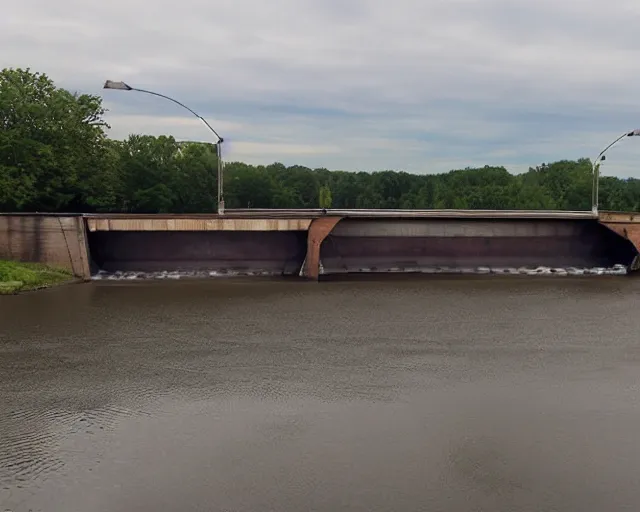 Prompt: liverpool ny onondaga parkway bridge with a semitruck stuck under it