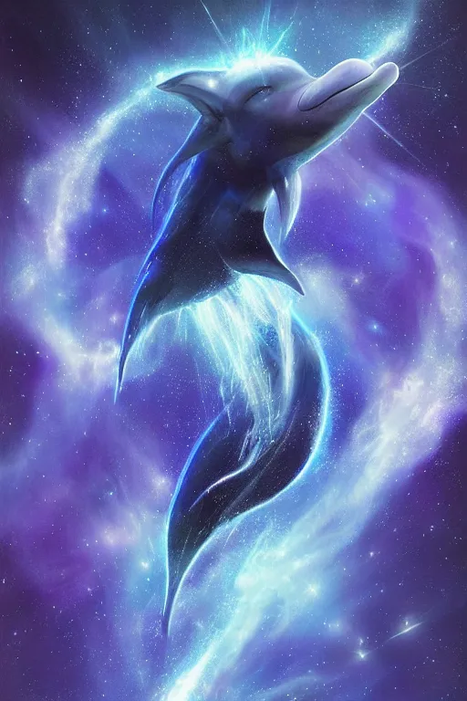 Image similar to Ethereal blue fire dolphin flying through a nebula, Sirius star system, star dust, cosmic, magical, shiny, glow,cosmos, galaxies, stars, outer space, stunning, by andreas rocha and john howe, and Martin Johnson Heade, featured on artstation, featured on behance, golden ratio, ultrawide angle, hyper detailed, photorealistic, epic composition, wide angle, f32, well composed, UE5, 8k