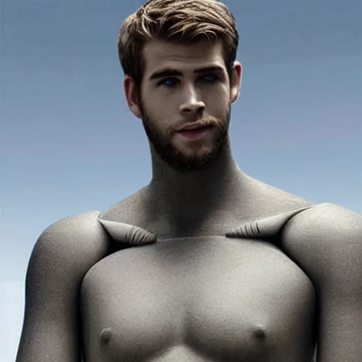 Image similar to “a realistic detailed photo of a guy who is an attractive humanoid who is half robot and half humanoid, who is a male android, Liam Hemsworth, shiny skin, posing like a statue, blank stare”