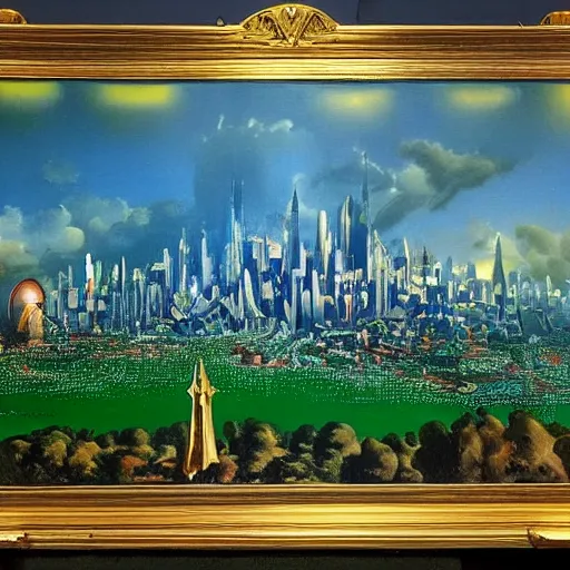 Prompt: a highly detailed matte painting of a glowing emerald city in oz by salvador dali, 8 k resolution