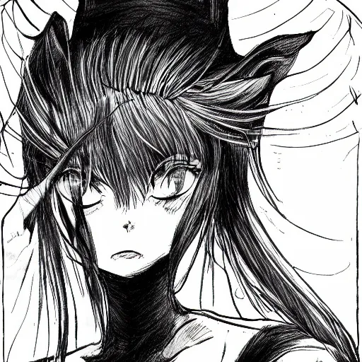 Image similar to a catgirl drawn in the style of Kentaro Miura, dark manga, fantasy, impressive linework,