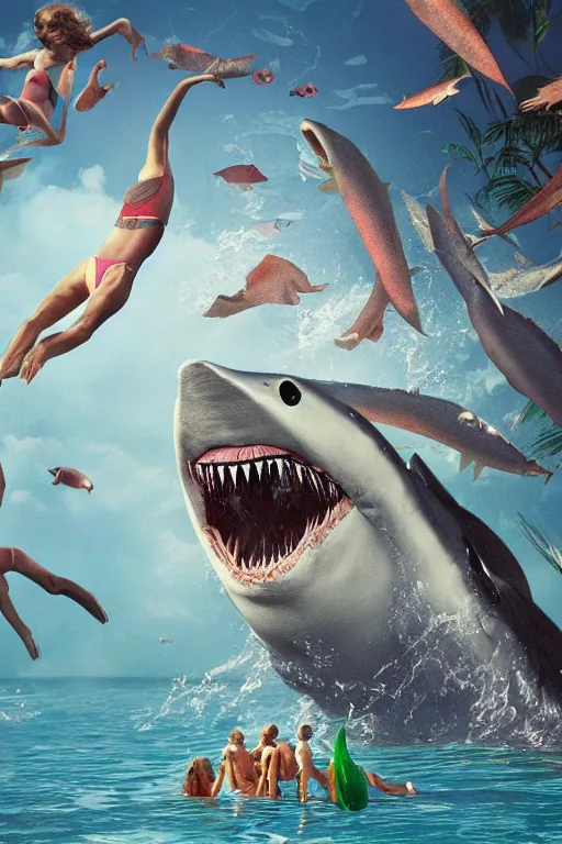 Image similar to summer swimming party, jaws, body horror, hyperdetailed octane render