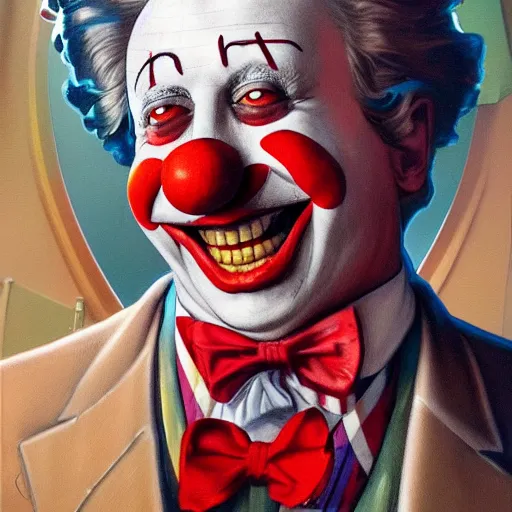 Prompt: Graffiti of a McDonald\'s clown as the US president, intricate, highly detailed, digital painting, artstation, smooth, sharp focus, illustration, art by artgerm and greg rutkowski and alphonse mucha