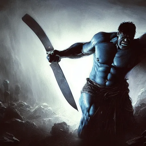 Image similar to artstation concept a midnight blue hulk jolding a meat cleaver, dusty, hyperdetailed, artstation trending, world renowned artists, worth 1 0 0 0. com, historic artworks society, antique renewel, cgsociety, by greg rutkowski, by gustave dore, deviantart