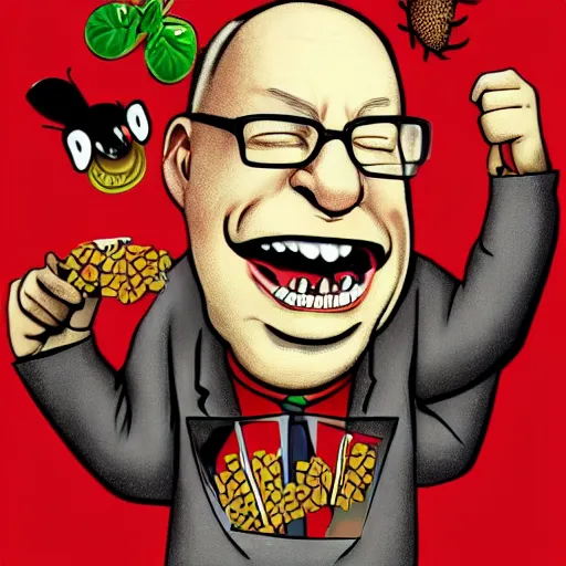 Prompt: a funny charicature of Klaus Schwab eating some bugs and worms, cartoony, highly detailed, gruwesome details, 8k