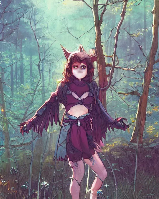 Image similar to a girl in a cute bat costume on a hike in the appalachian mountains, full shot, focused, ambient lighting, detailed, art by ayami kojima, makoto shinkai, kilian eng