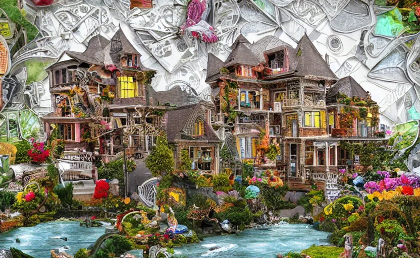 Prompt: hyperdetailed home, seen from the distance. along a maximalist river made of paper and unexpected interesting elaborate fabric elements. 8 x 1 6 k hd mixed media 3 d collage in the style of a childrenbook illustration in soft natural tones. matte background no frame hd