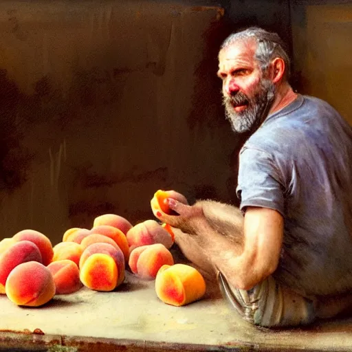 Image similar to feral man eating peaches in a factory, hunched over, mild mild impressionism, factory background, sharp colors, by greg rutkowski and asher duran