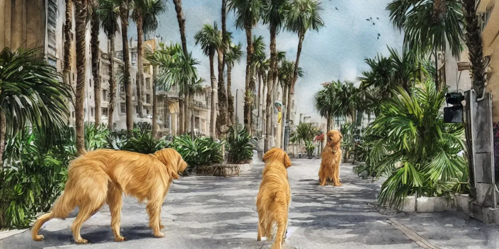 Prompt: photoreal golden retriever dog standing in tel aviv street looking at the camera. palm trees. optimistic. digital art. watercolor. highly detailed. drawing. art. colorful. fluffy