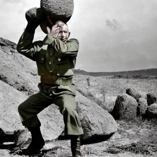 Image similar to cat with soviet army clothes mid war using a boulder as cover, war field, destruction, cinematic, epic, dramatic