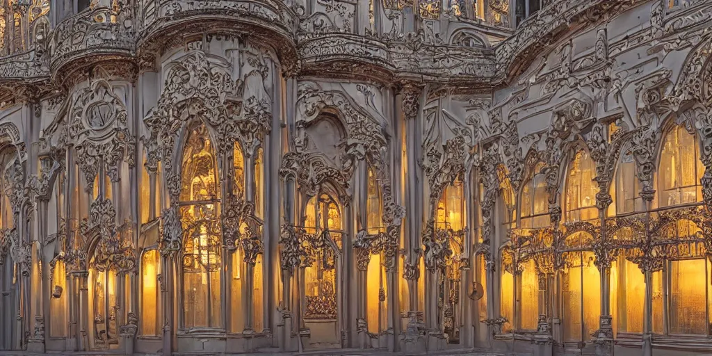 Image similar to extremely detailed ornate stunning sophisticated beautiful elegant victorian museum exterior by Henry Young Darracott Scott and Francis Fowke, stunning volumetric light, stainless steal, concrete, translucent material, beautiful sunset, tail lights