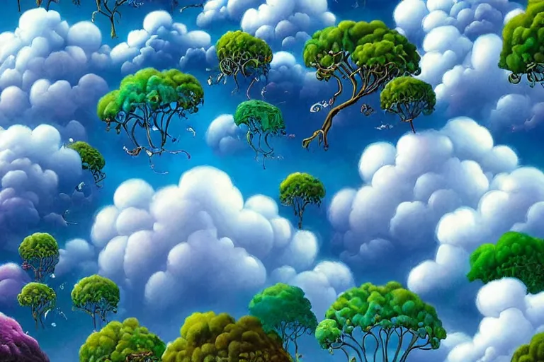 Image similar to a huge flock of many smooth puffy marvelous clouds. whirling ultra detailed gemstone crystals, art nouveau jungle environment, playful, award winning art, epic dreamlike fantasy landscape, ultra realistic,