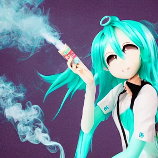 Prompt: hatsune miku getting high by smoking weed with a vape pen, smoke everywhere