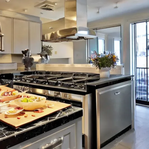 Prompt: fancy restaurant kitchen counter with shiny silver ovens and marble counters and fresh food just chopped.