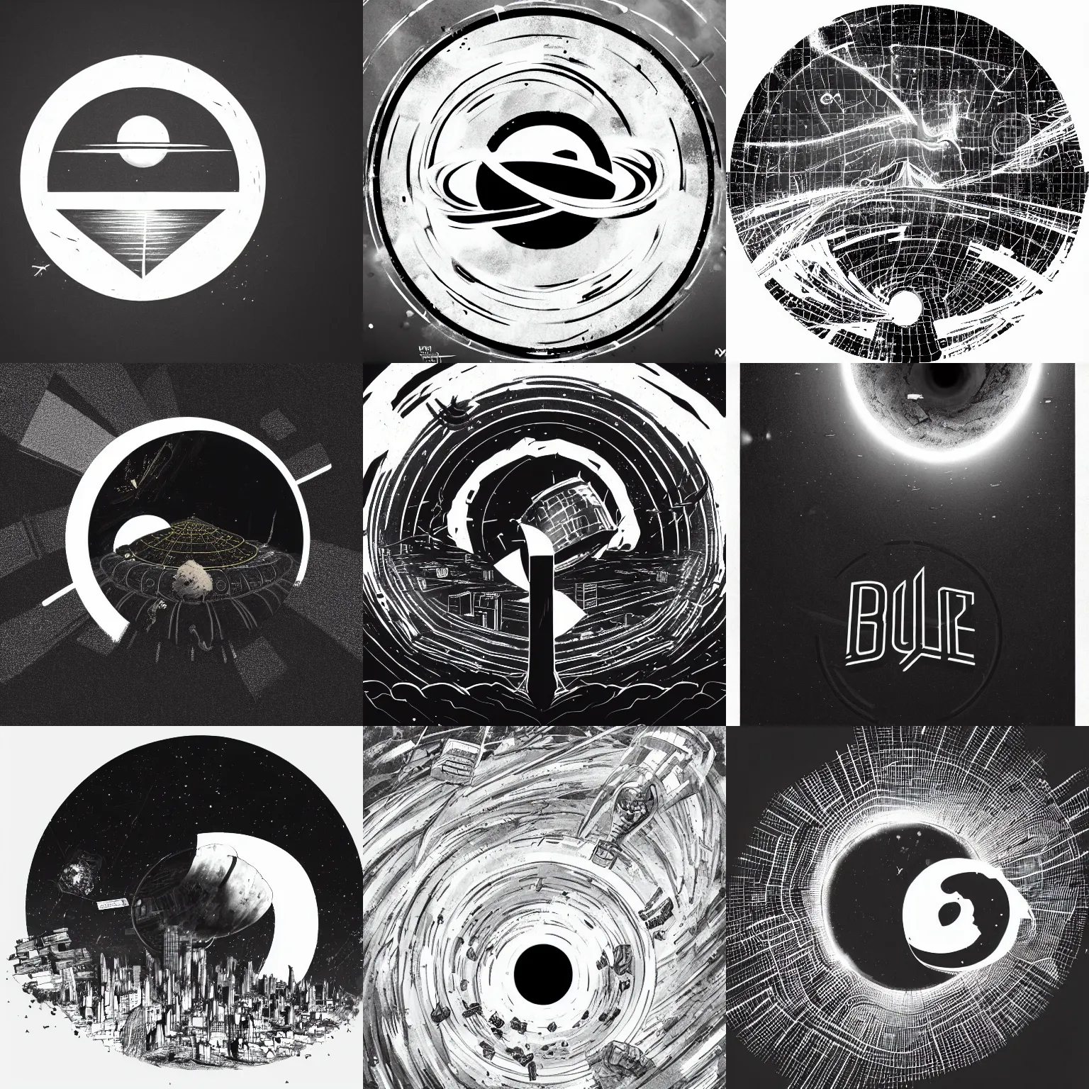 Prompt: concept art of png logo of black hole rising above city, city destroyed by shockwave, black hole with accretion disс, gravitational singularity, vector logo, sticker, black and white logo, ink drawing, contrast icon, by greg rutkowski