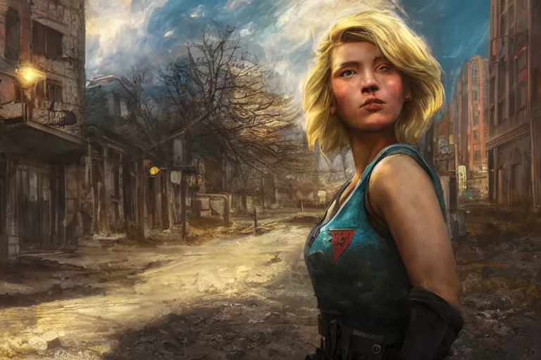 Image similar to fallout 5, charismatic beautiful rugged blonde female protagonist, portrait, outdoors european cityscape, atmospheric lighting, painted, intricate, volumetric lighting, beautiful, daytime, spring, sunny weather, few clouds, sharp focus, deep colours, ultra detailed, art by william turner