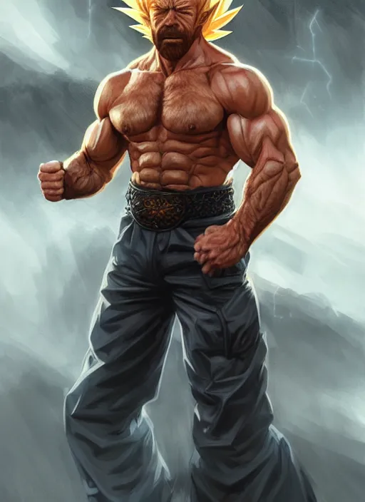 Image similar to portrait of aggressive chuck norris going super saiyan, d & d, muscular! storm! fantasy, intricate, elegant, highly detailed, digital painting, artstation, concept art, smooth, sharp focus, illustration, art by artgerm and greg rutkowski and alphonse mucha