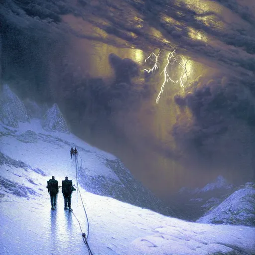 Image similar to a beautiful painting of group of climbers, extreme cold, storm, octane rendering, grim, dark, gloomy, cruel, volumetric lightning, hyperrealism, no blur, 4 k resolution, ultra detailed, style of john atkinson grimshaw, ivan shishkin, tyler edlin, scott listfield, eric zener