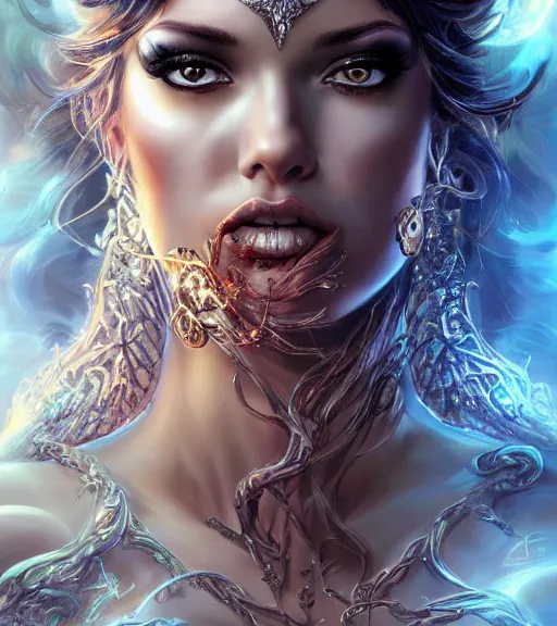 Image similar to a higly detailed full body shot portrait painting of a stunning and sensual female fantasy sorceress with piercing beautiful eyes, dynamic lighting, ambient lighting, deviantart, art by artgerm and karol bak and mark brooks