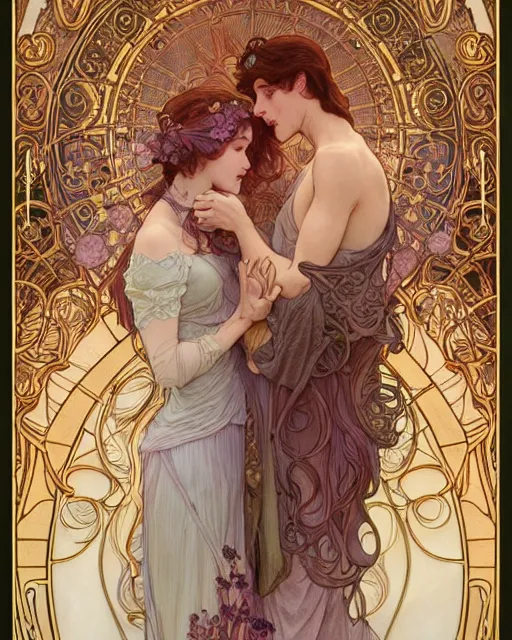 Prompt: a couple, highly detailed, very intricate, art nouveau, gold filigree, romantic storybook fantasy, soft cinematic lighting, award - winning, disney concept art watercolor illustration by mandy jurgens and alphonse mucha and alena aenami, pastel color palette, featured on artstation