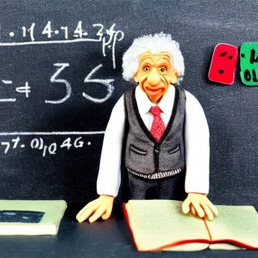 Image similar to claymation miniature scene of albert einstein standing in front of miniature blackboard with lots of mathematical formulas chalked on