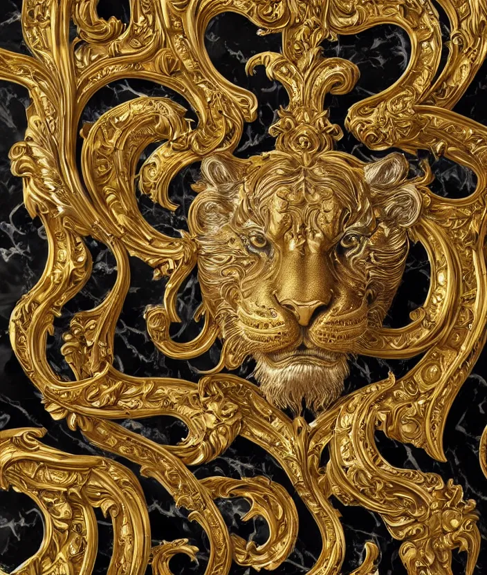 Prompt: beautiful portrait of a large ornate and intricate rococo carved marble and gold tiger face, 3 d, photorealistic, symmetric, front facing, centered, hyper detailed, gold plated on black background, wallpaper, emblem, baroque medallion,