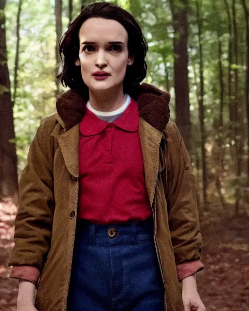 Image similar to winona ryder playing eleven on stranger things, production still, by cameldeath