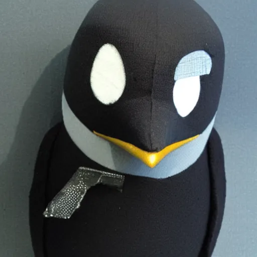 Prompt: tux the linux penguin with half - cyborg face
