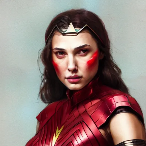 Image similar to a potrait of Gal Gadot as Scarlet witch by Greg Rutkowski, Sung Choi, Mitchell Mohrhauser, Maciej Kuciara, Johnson Ting, Maxim Verehin, Peter Konig, 8k photorealistic, cinematic lighting, HD, high details, dramatic, trending on artstation, full body shot