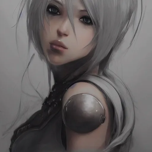 Image similar to sketch drawing of 2 b nier automata, beautiful piercing eyes, beautiful blonde hair, hyper realistic face, in the style of greg rutkowski, fantasy, amazing detail, epic, elegant, smooth, sharp focus, from the front