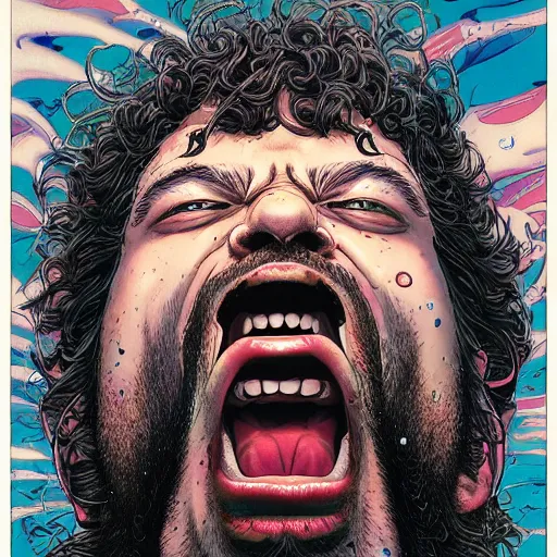 Prompt: portrait of crazy post malone melting, screaming, symmetrical, by yoichi hatakenaka, masamune shirow, josan gonzales and dan mumford, ayami kojima, takato yamamoto, barclay shaw, karol bak, yukito kishiro