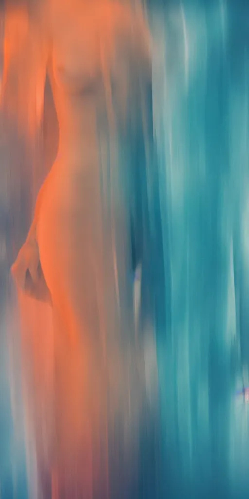 Prompt: a blurry closeup picture of abstract gorgeous human bodies, body parts, torso, macro photography, long exposure photograph, surrealism, anamorphic bokeh, orange and cyan lighting, cinematic