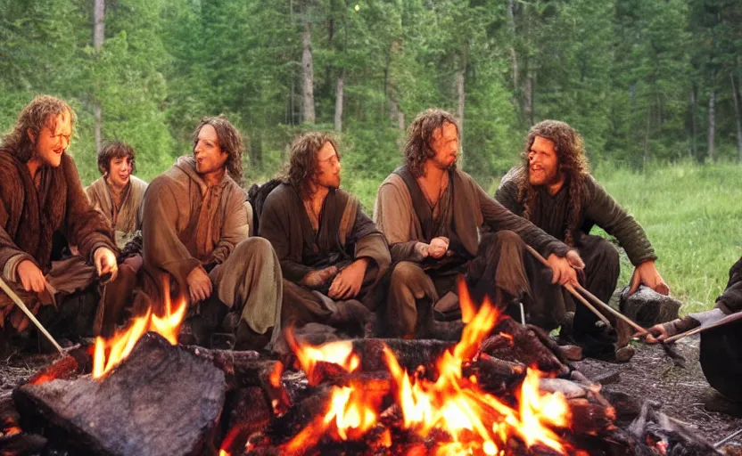 Image similar to the fellowship of the ring making s'mores around a campfire