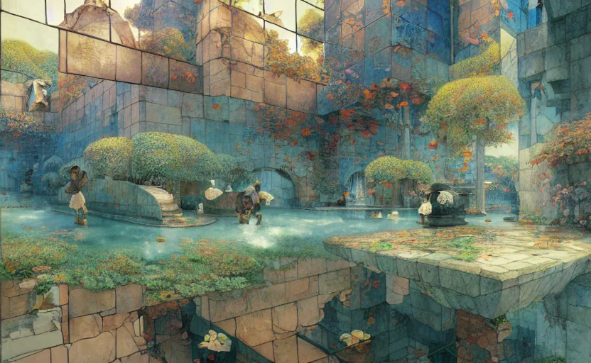 Image similar to tiled room squared waterway, fantasy. intricate, amazing composition, colorful watercolor, by ruan jia, by maxfield parrish, by marc simonetti, by hikari shimoda, by robert hubert, by zhang kechun, illustration, gloomy