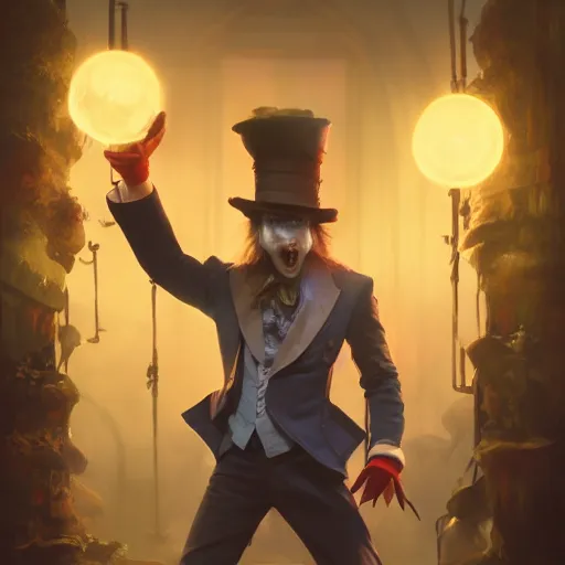 Image similar to The Mad Hatter, huggy wuggy from poppy playtime video game, fullbody, ultra high detailed, glowing lights, oil painting, Greg Rutkowski, Charlie Bowater, Beeple, unreal 5, DAZ, hyperrealistic, octane render, RPG portrait, dynamic lighting, fantasy art, beautiful face