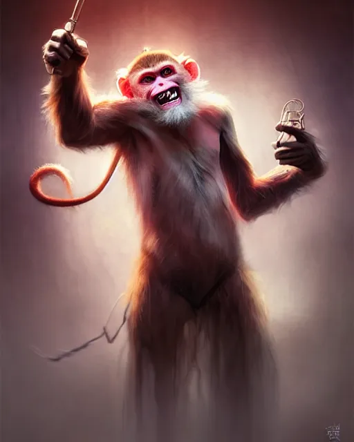 Image similar to Monkey Mad Scientist, laughing, D&D, artstation, fantasy, magic the gathering artwork, cinematic lighting, centered, symmetrical, highly detailed, digital painting, , concept art, smooth, sharp focus, illustration, volumetric lighting, epic Composition, 8k, art by Akihiko Yoshida and Greg Rutkowski and Craig Mullins, oil painting, cgsociety