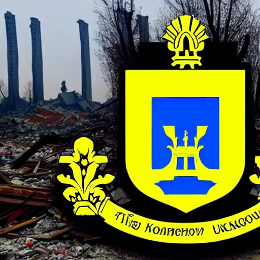 Prompt: the coat of arms of ukraine, against the background of the destroyed city