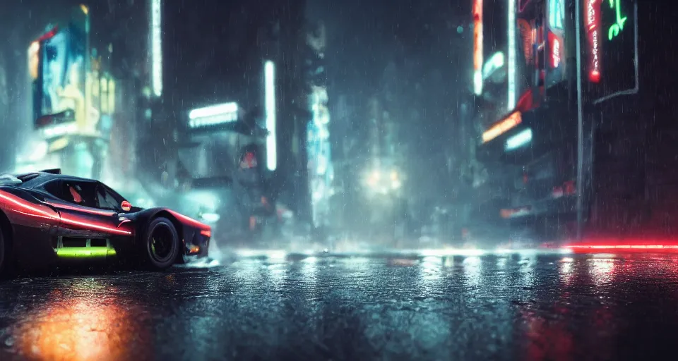 Prompt: close up macro shot of a racing car on wet city street at night, intricate, hyper detailed, smooth, high contrast, neon, volumetric lighting, octane, moebius, greg rutkowski, blade runner, ripley scott, cindmatic