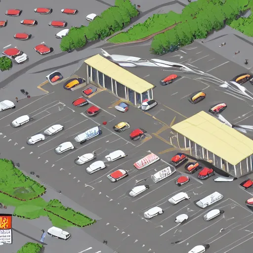 Image similar to top down map picture of a supermarket parking lot after a zombie attack, top down perspecrive