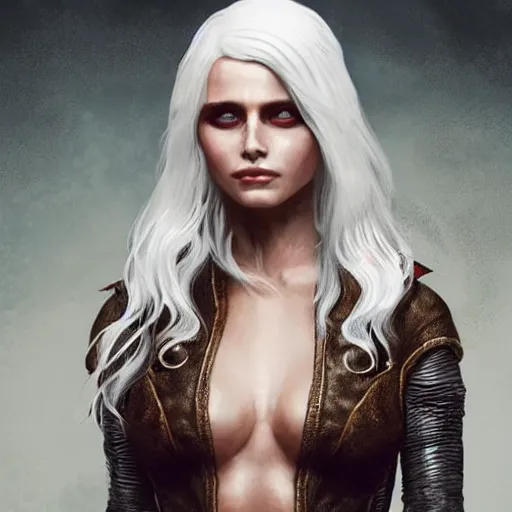Prompt: Portrait of Abbey Lee as Ciri from The Witcher, brown leather clothes, intricate, elegant, highly detailed, smooth, sharp focus, detailed face, high contrast, dramatic lighting, graphic novel, art by Ardian Syaf and Pepe Larraz,