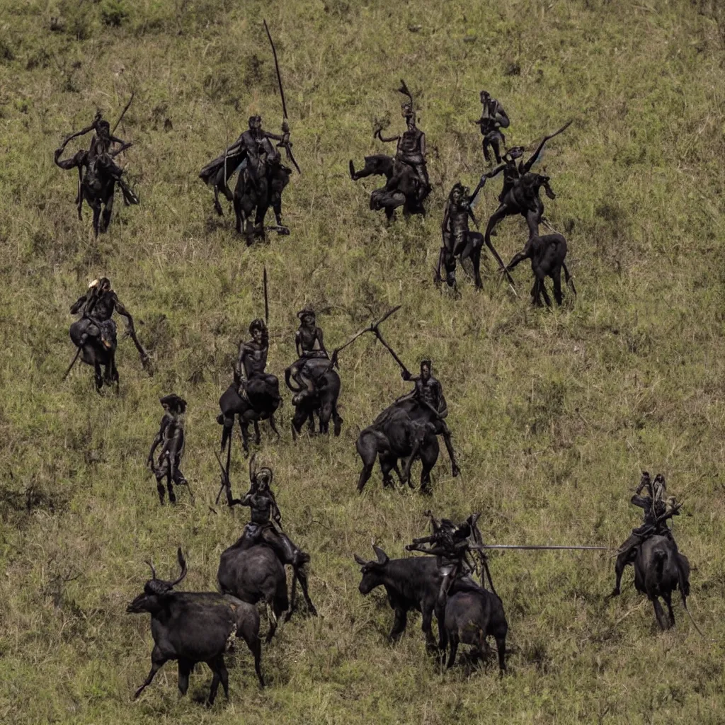 Prompt: Aliens with swords riding Black buffaloes in the Pontine swamp
