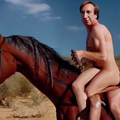 Prompt: a photo of saul goodman wearing bikini and riding a horse in the desert