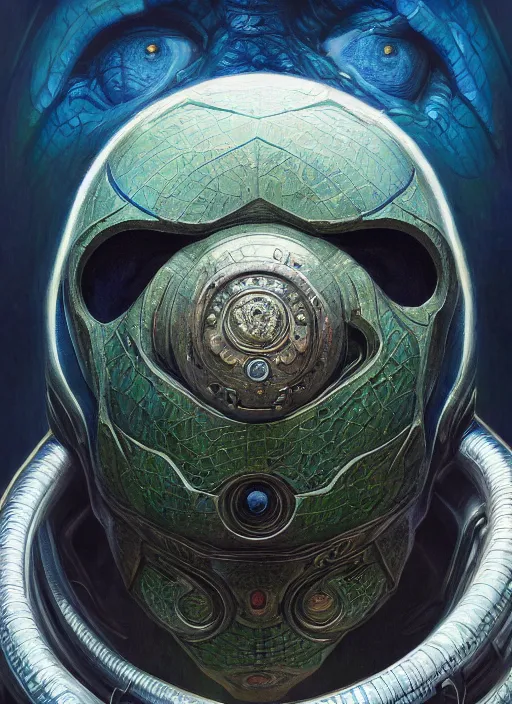 Image similar to space station mf doom reptile eyes, blue skin. intricate, elegant, highly detailed, centered, digital painting, artstation, concept art, smooth, sharp focus, illustration, artgerm, tomasz alen kopera, peter mohrbacher, donato giancola, joseph christian leyendecker, wlop, frank frazetta