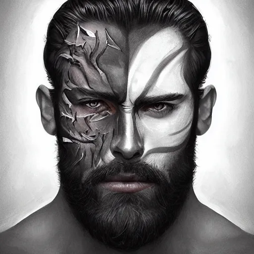 Image similar to Beautiful face Portrait of very manly Gigachad with big jaws, face painting on grey scale face, powerful , magic, thunders, dramatic lighting, intricate, wild, highly detailed, digital painting, artstation, concept art, smooth, sharp focus, illustration, art by artgerm and greg rutkowski and alphonse mucha, footage from space camera