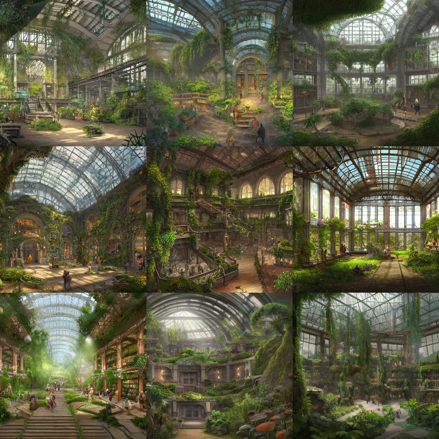 Prompt: Matte painting of the interior view of giant botanical museum. Solarpunk. Fantastical, detailed digital art trending in artstation